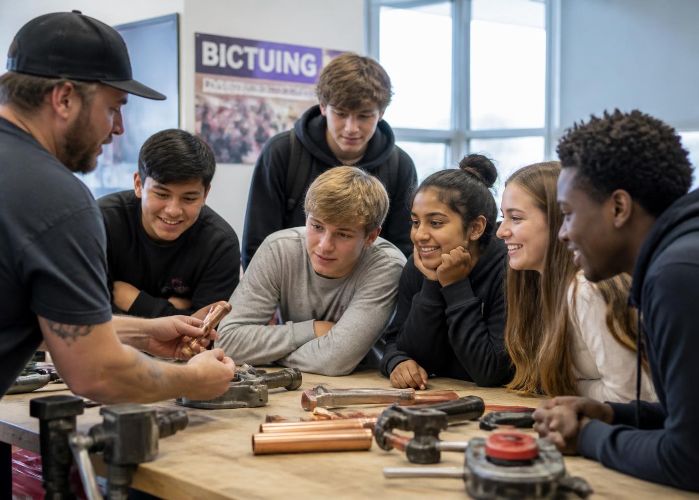 High school students watching a tradesperson demonstrate pipe tools during a career day